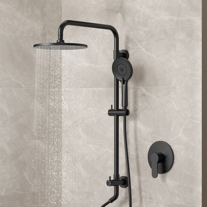 Wall Mount Pressure-Balanced Shower System 10"Rainfall Shower Head with Slider Bar Handheld - Matte Black
