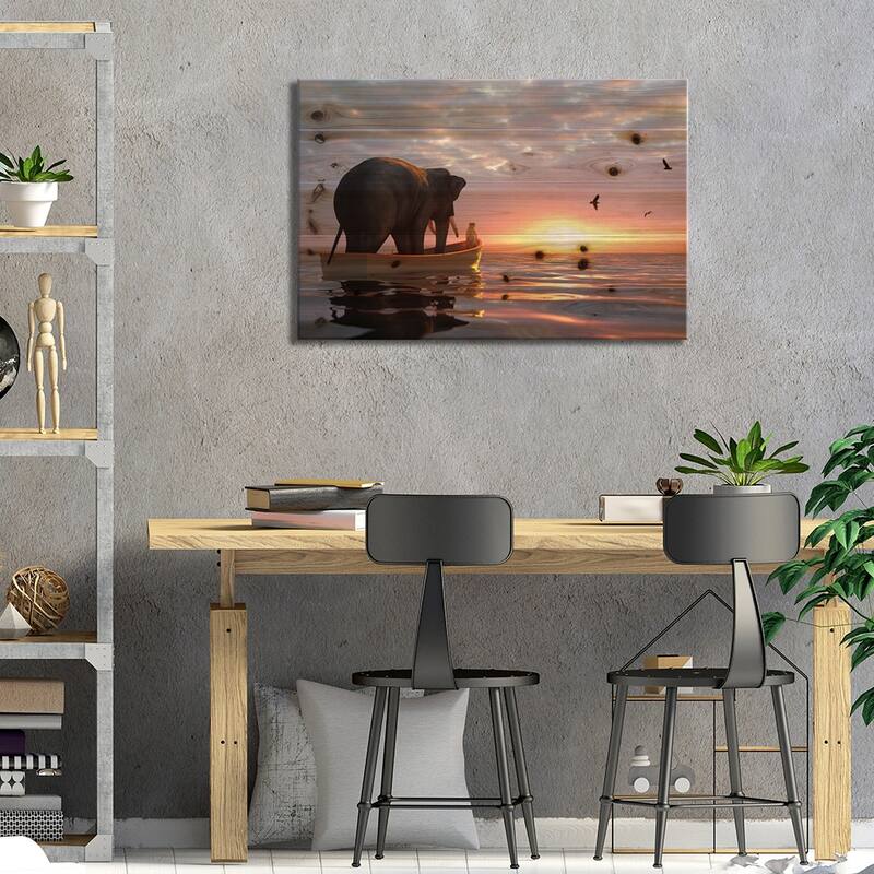 Elephant And Dog Sail In A Boat At Sea Print On Wood by Mike Kiev - Multi-Color