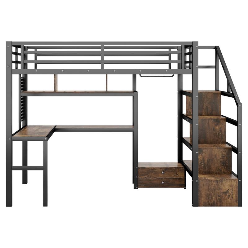 Full Size Metal Loft Bed with LED Lights, Charging Station, Desk & Staircase Storage - Black