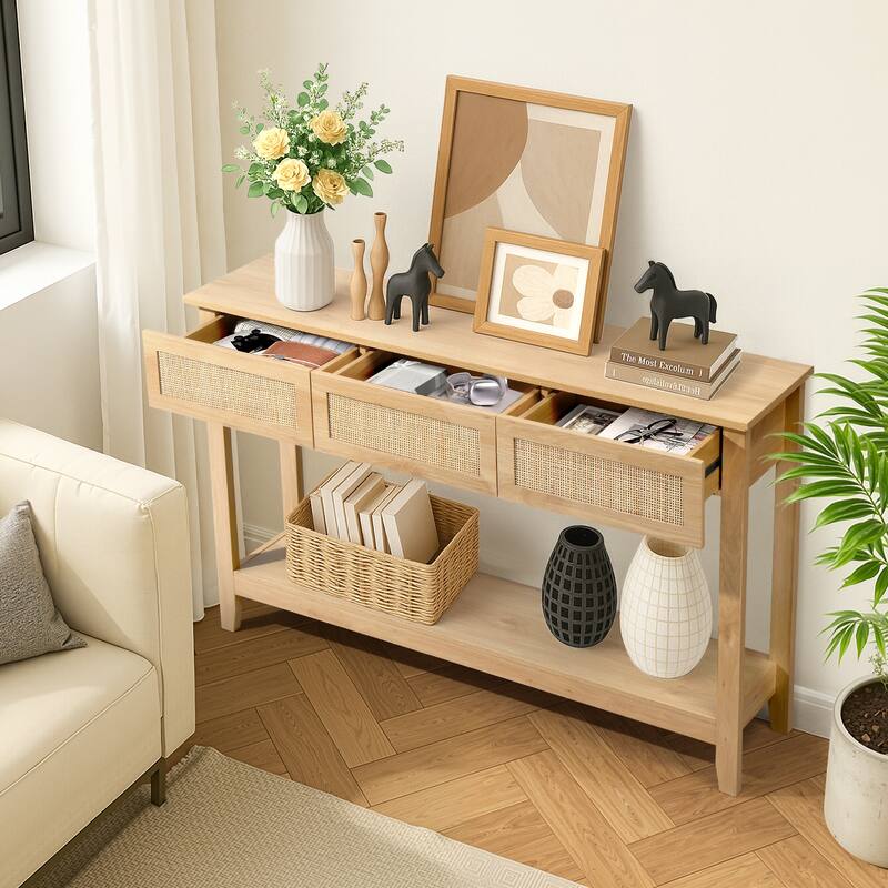 Natural Wood MDF Rattan Inspired Console Table with 3 Drawers and Shelf - 51.2 x 11.8 x 32 in