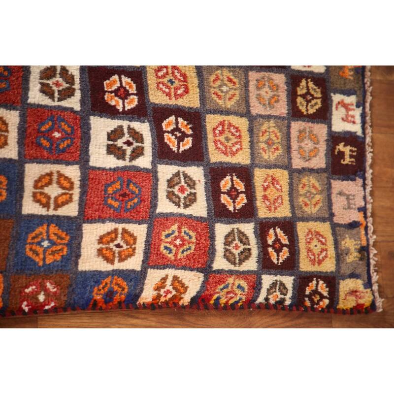 Checkered Gabbeh Persian Vintage Runner Rug Handmade Wool Carpet - 2'1"x 4'9"