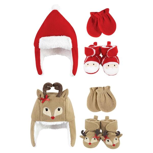 slide 1 of 1, Hudson Baby Girl 6Pc Trapper Hat, Mitten and Bootie Set, Santa Girl Reindeer Santa Girl Reindeer - 0-6 Months
