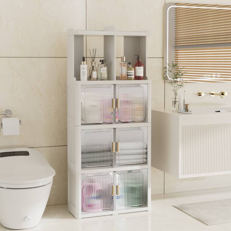 Plastic Bathroom Storage Cabinet Multi-Function Bookcase Floor Storage Cabinet Kitchen Storage Cabinets - White