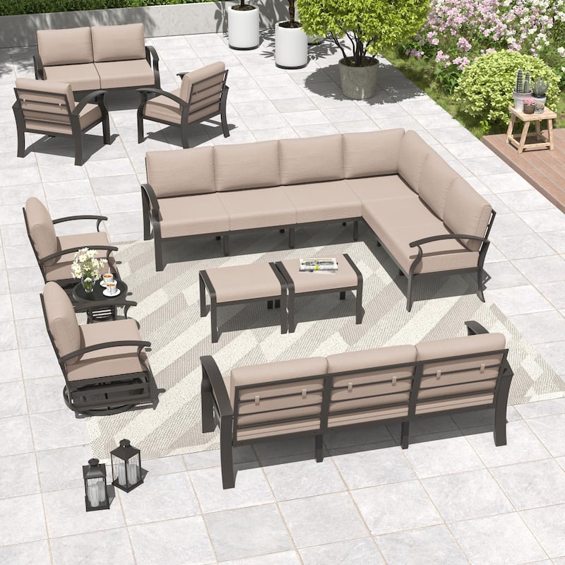 Aluminum Patio Furniture Set with FirePit Ottomans Swivel Chairs,Sectional Sofa with Thick Seat Cushions for Porch Garden