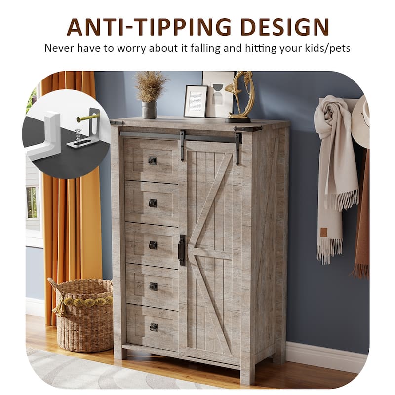 Farmhouse 5 Drawers Dresser, Vintage Chest of Drawers with Barn Door