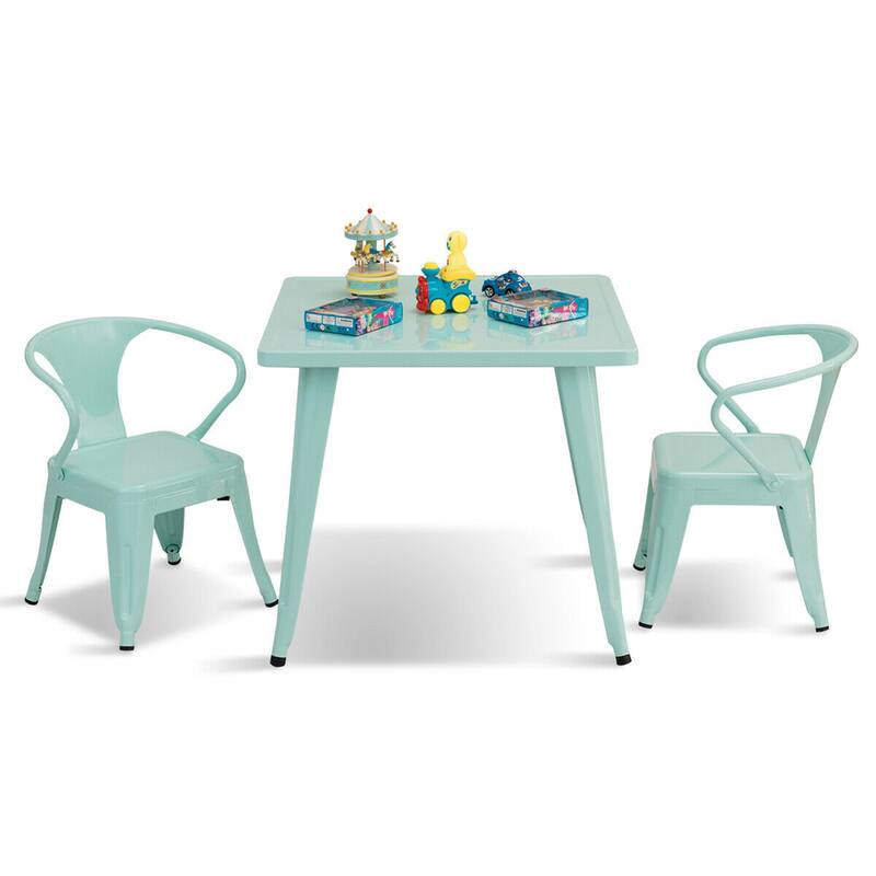 Gymax 3 Pcs Kids Dining Set Square Table & 2 Armchairs Play Learn - Blue