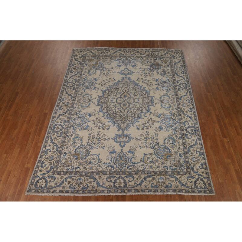 Tabriz Persian Area Rug Hand-Knotted Beige Floral Wool Carpet - 8'2"x 10'9"