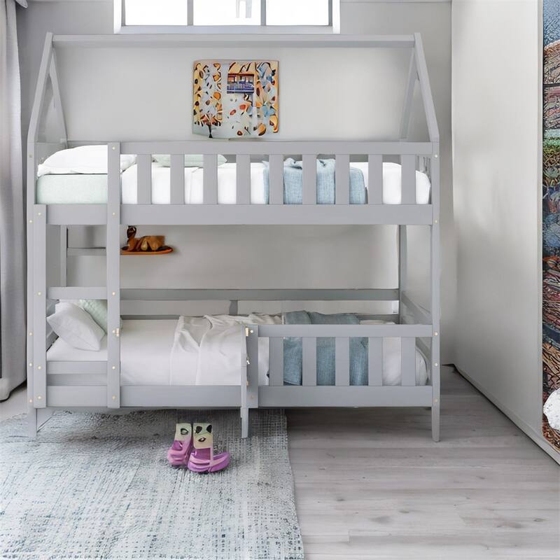Twin over Twin House Bunk Bed with Fence and Door