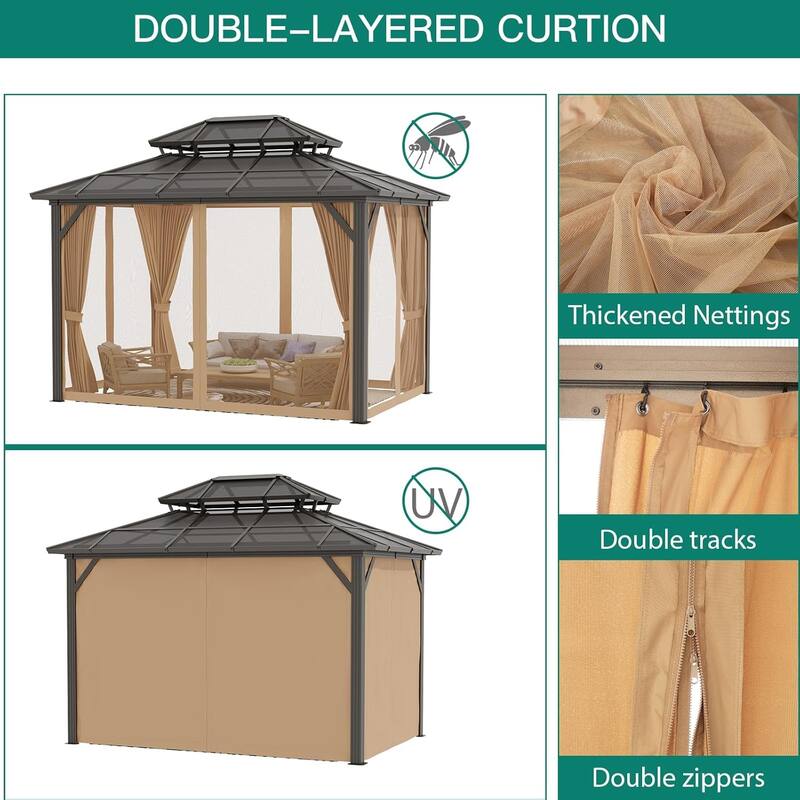 Hardtop Outdoor Double Roof Gazebo, Aluminum Frame Permanent Pavilion with Curtains and Nettin