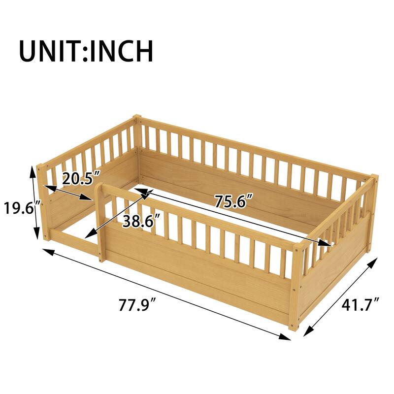 Solid Wood Floor Bed Frame without Slats, Montessori Kids Floor Beds with Full Length Fence, No Box Spring Needed