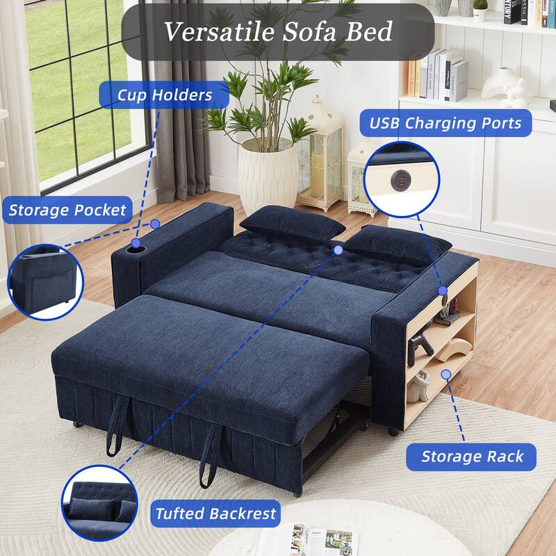 Chenille Pull-out Sofa Bed Convertible Couch, Loveseat Sofa with Adjustable Backrest, Storage Rack, Cup Holders, USB Ports