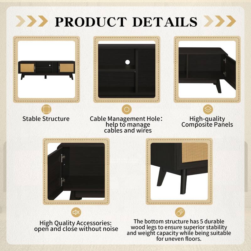 Anmytek Rattan TV Stand for TVs up to 70 Inches Modern Boho Entertainment Center Woven Rattan Dark Finish