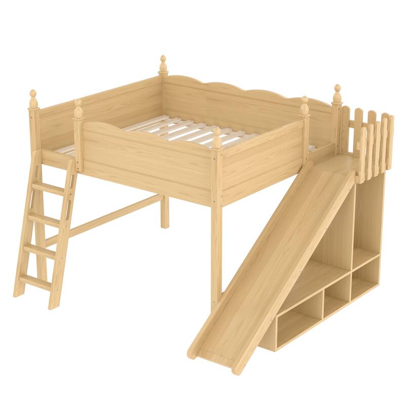 Queen Loft Bed with Storage Shelves and Cabinet, Solid Wood Loft Beds with Detachable Slide and Ladders, No Spring Box Needed