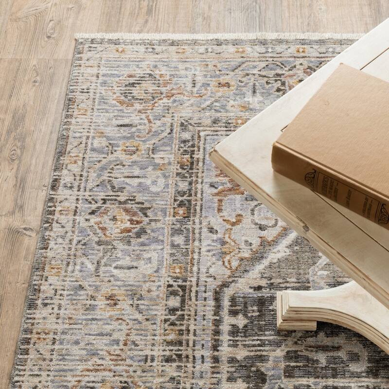 Grey Blue Machine Woven Medallion Indoor Area Rug