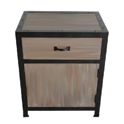 20" Square Brown Wooden End Table with Drawer and Iron Frame Space-Saving Living Room Table - 20" H x 1" W x 17" D
