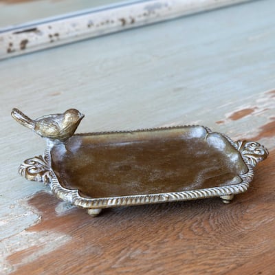 Bathroom Soap Dish with Bird Accent Brass Finish Vintage Zinc Alloy Decorative Holder - 5.5"L x 3.25"W x 1.5"H