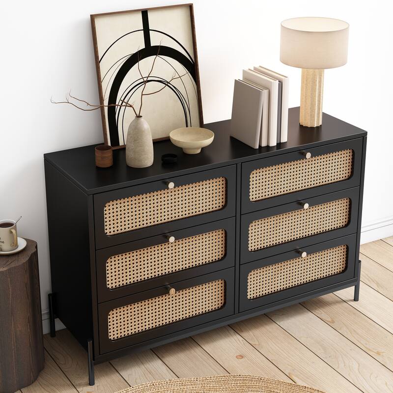 Modern Rattan Dresser with Metal Legs and 6 Storage Drawers, Ideal for Bedroom, Living Room, or Entryway