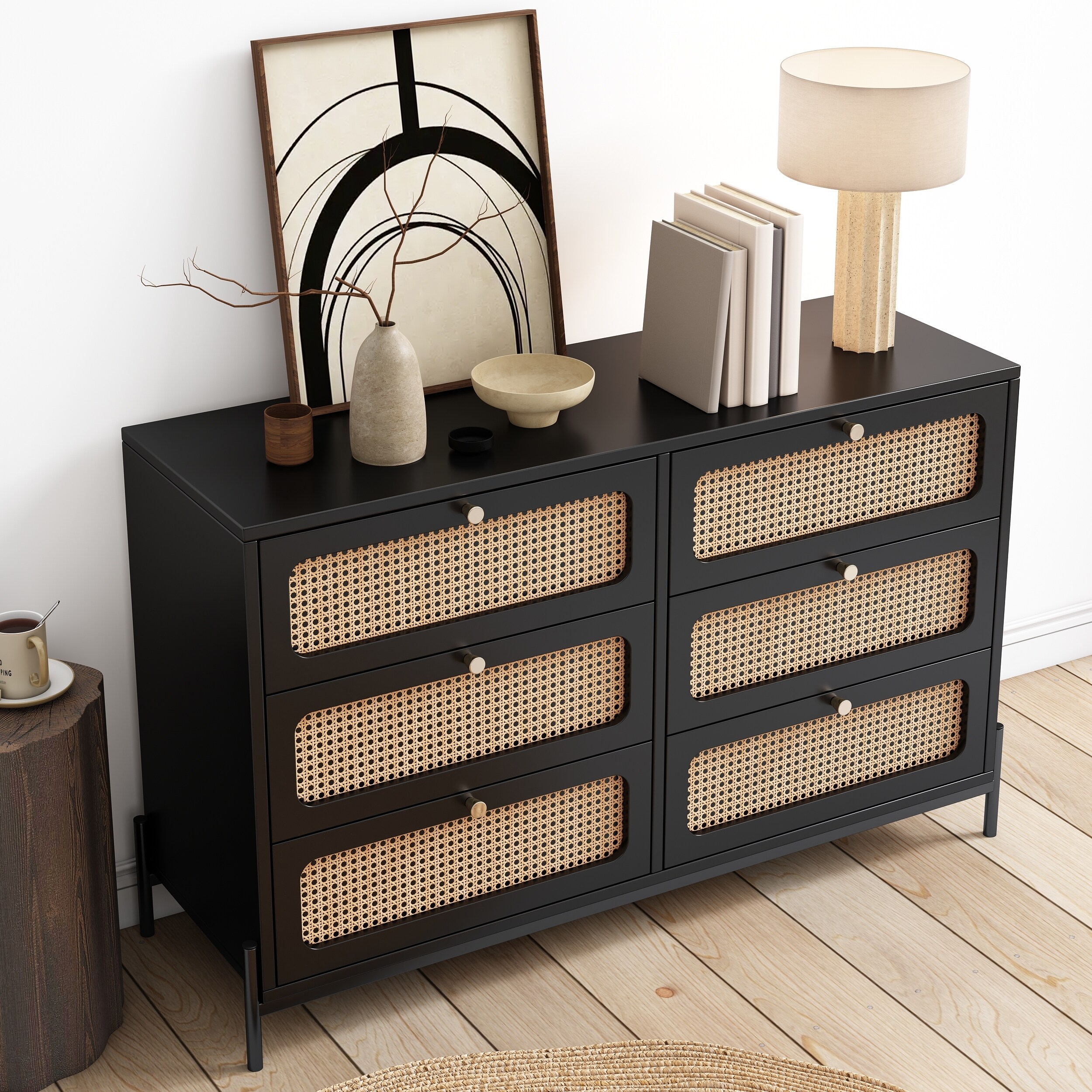 black and rattan dresser Wovena Wide 6 Chest of Drawers - Bedroom Leg height Lurian - 6-Drawer Rattan Dresser,