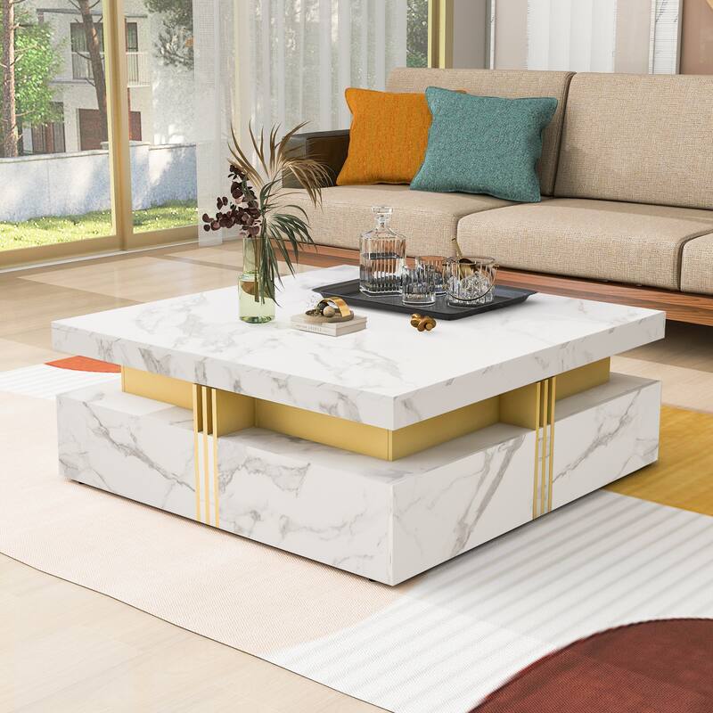 Modern Coffee Table with 4 Drawers, Square Coffee Table with Storage, Luxury Center Table Cocktail Table with Gold Accents