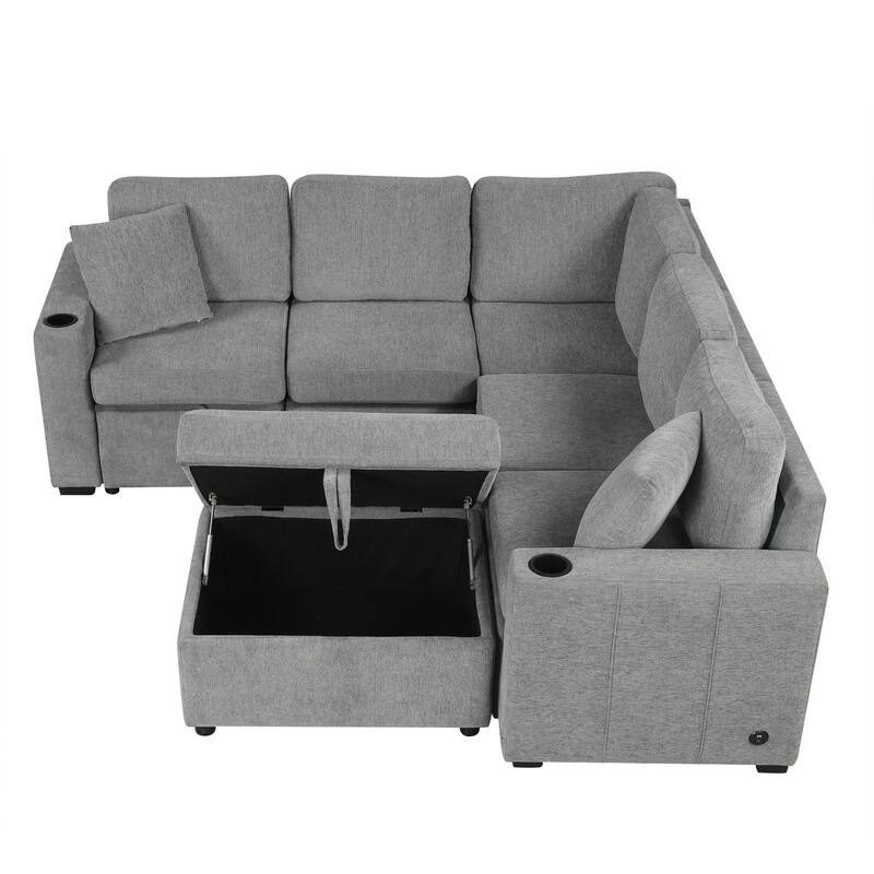 Modern Modular Sectional Sofa with Pull Out Bed and Storage Ottoman and USB Ports for Living Room or Guest Room