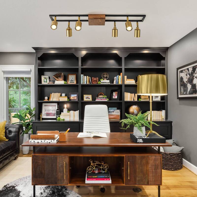 6 Light Farmhouse Rectangle Flush Mount Ceiling Fixture Track Light with Rotating Head - Gold