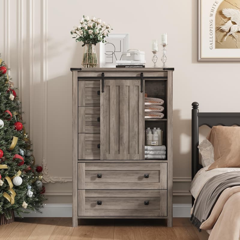 Farmhouse 5 Drawer Dresser for Bedroom, Wood Chest with Sliding Barn Door, Adjustable Shelf