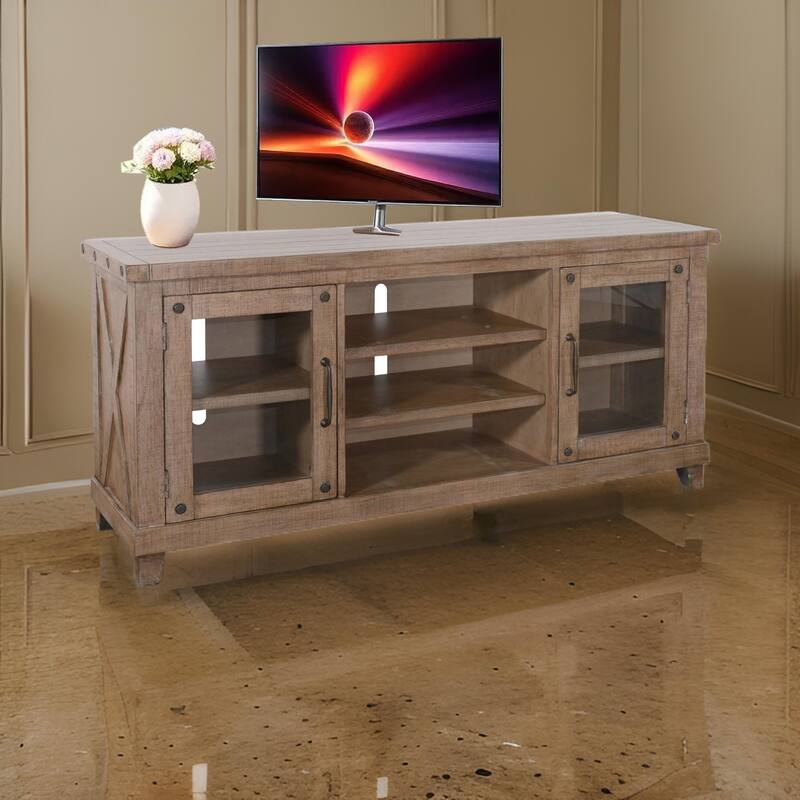 Anva TV Media Console, Shelves, Doors, Light Brown Mahogany, 64 Inch