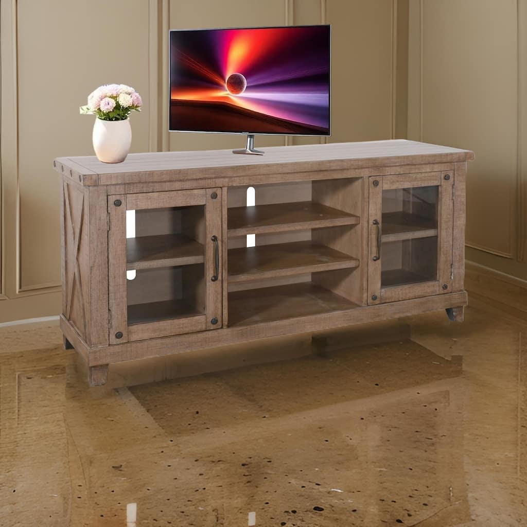 Anva TV Media Console, Shelves, Doors, Light Brown Mahogany, 64 Inch