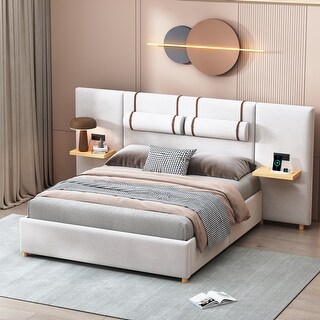 Storage Queen Size Platform Bed with 2 Outlets, 2 Bedside Pillows and Shelves