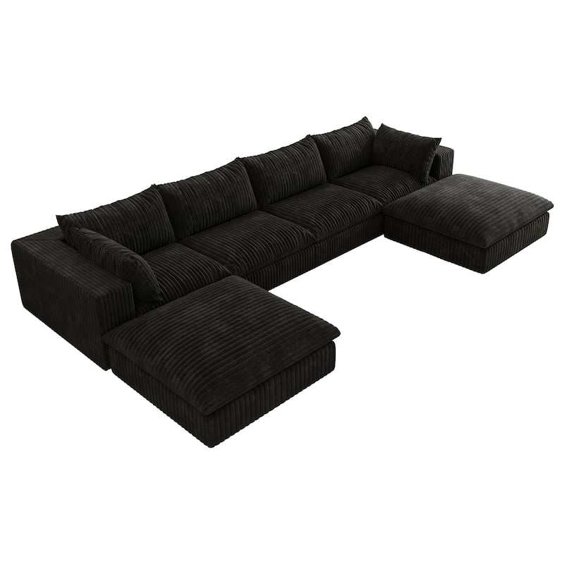 Corduroy Upholstered Deep Seat U-shaped Sectional Sofa with Ottomans and Double-layer Seat Cushions, Large Chaise Lounger Couch