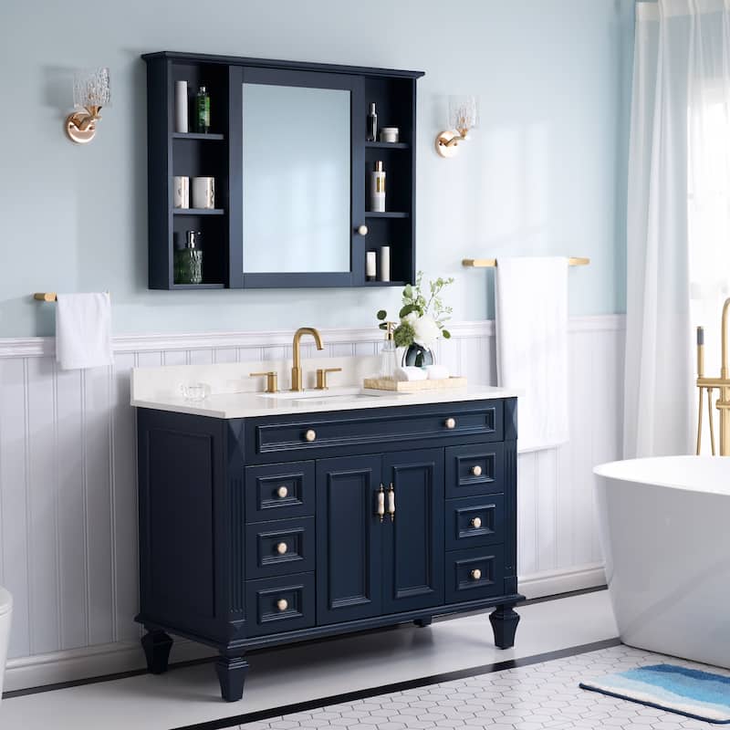 35'' H X48''W Solid Wood Bath Vanity with Stain-resistant Carrera White Quartz Top and Single Sink