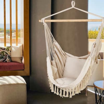 Outdoor/Indoor Canvas Cotton Hammock Chair Swingwith 2 Cushions and Carrying Bag