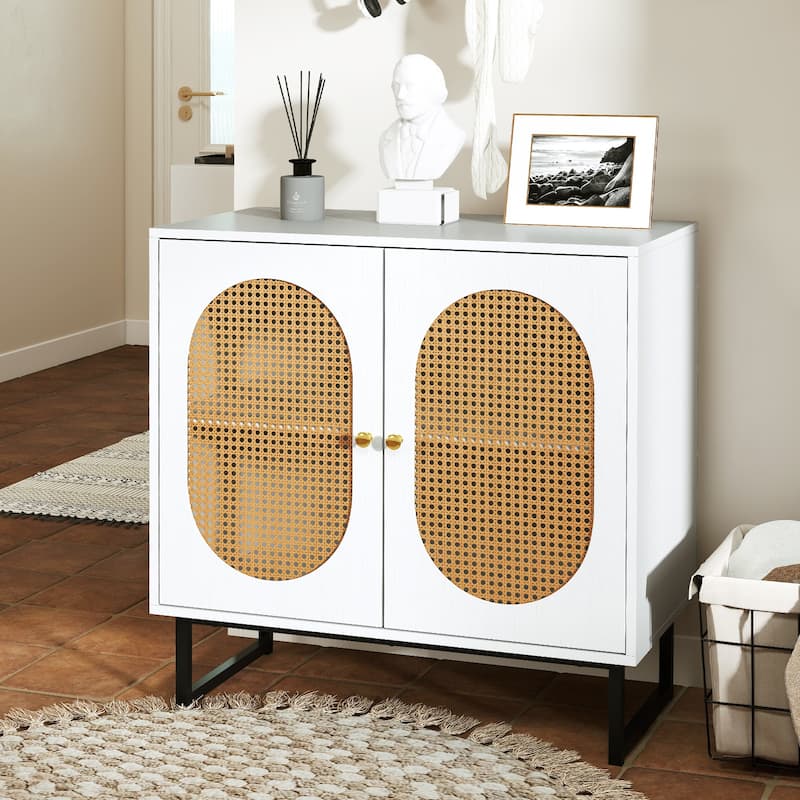 Engineered Wood Buffet Cabinet with PE Rattan Doors and Shelves - 31.5" x 16" x 32"