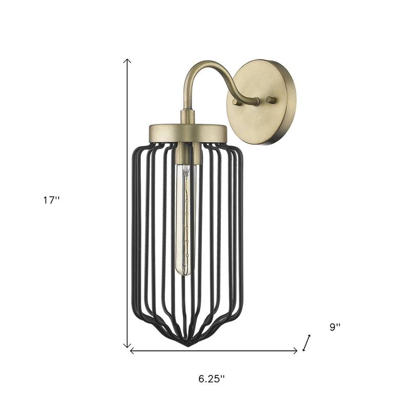 Modern Gold and Black Wall Sconce with Metal Cage Shade and Hardwired Light Fixture E26 Base - 17" H x 6.25" W x 9" D