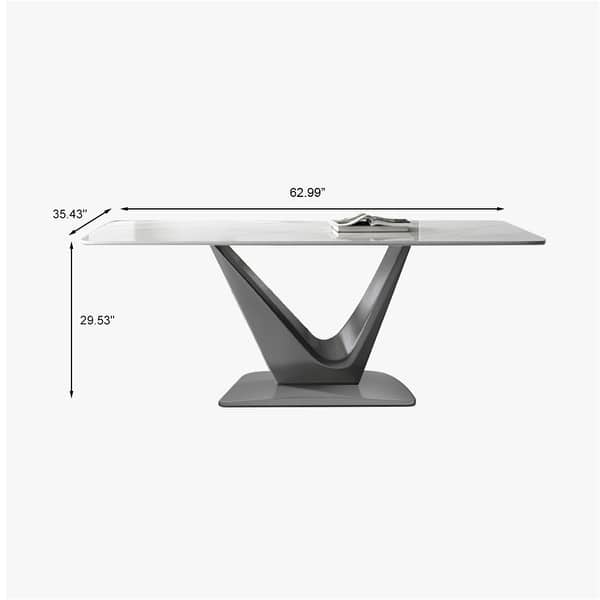63 Inch White Sintered Stone Dining Table for 6 with V-shape Base - Bed ...