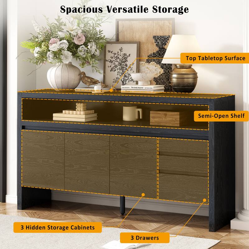 60" 3-Door Sideboard with 3 Drawers-Ash Veneer MDF Sideboard,Semi-Open Shelf，Center Semi-Circular Cutout,Storage Cabinet