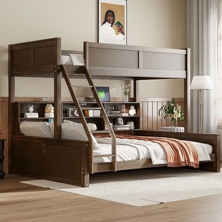 Wood Bunk Bed with Side Storage Compartment and 2 Built-in Charging Station & USB Port, Sturdy Wood Frame and Thickening Slats