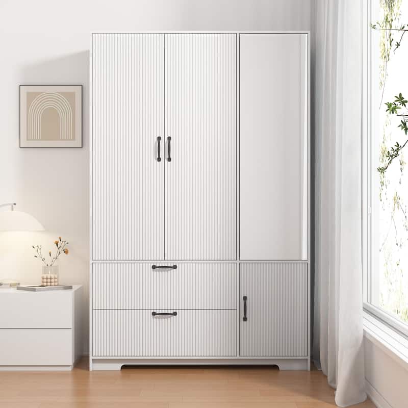 4 Doors Wardrobe Closet White Storage Cabinet with Mirror, Minimalist Armoire Closet with Hanging Rod