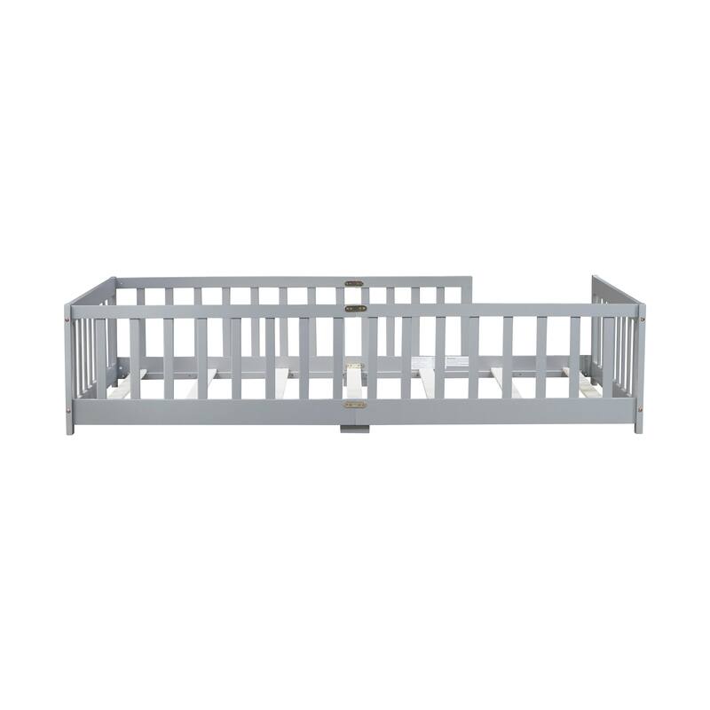 Twin Size Grey Rubber Wood Floor Bed with Safety Fence for Kids, No Door Design