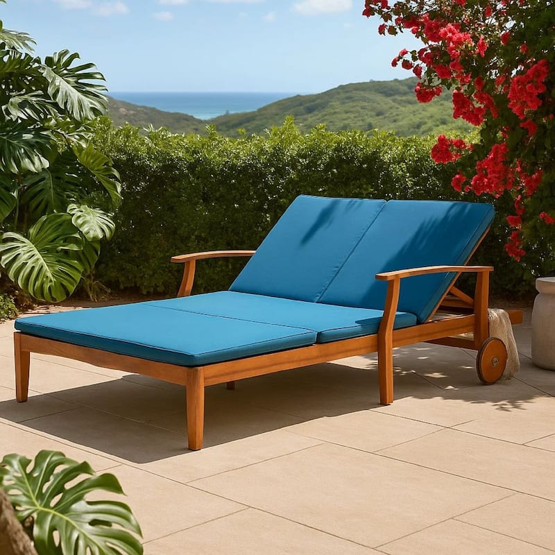 Hoye Double Chaise Lounger Recliner Bed, Outdoor, 79 Inch, Acacia Wood