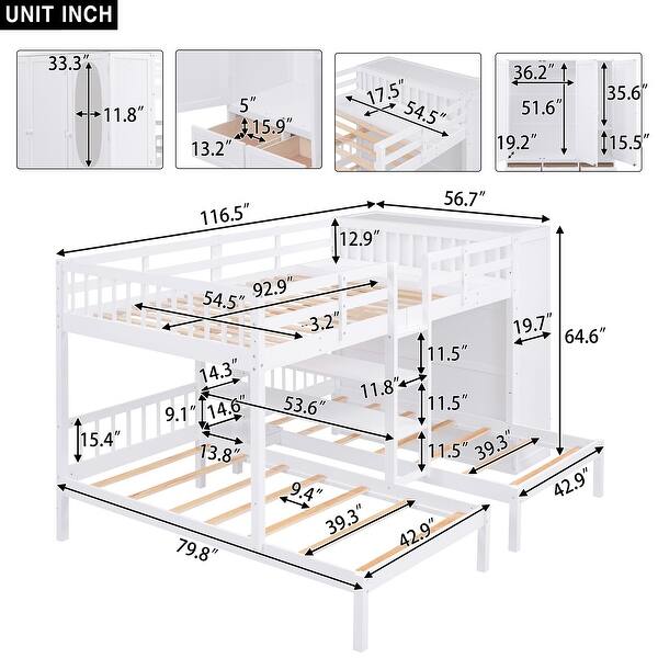 dimension image slide 1 of 3, Full-Over-Twin-Twin Triple Bunk Bed w/ Large Wardrobe, Drawers & Shelves Storage, Wooden Bunkbed Frame w/Mirror for 3 Kids Teens