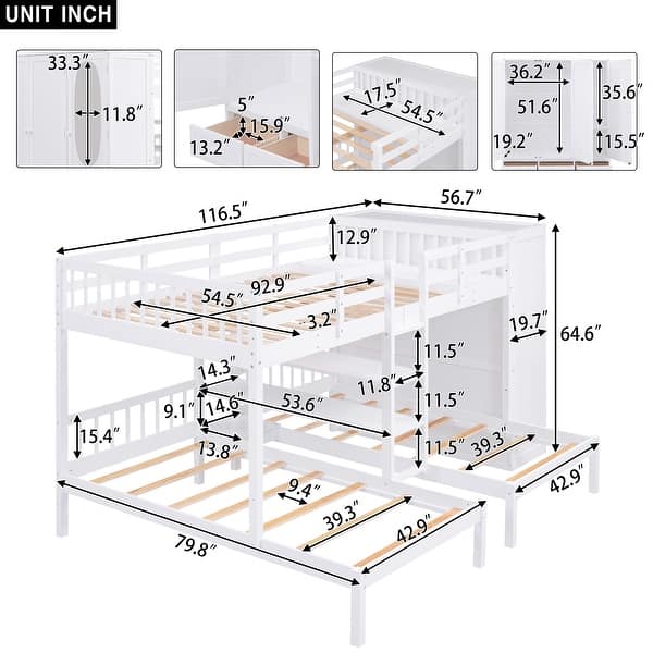 White Full-over-Twin-Twin Bunk Bed with Wardrobe, Mirror, 3 Drawers and Shelves