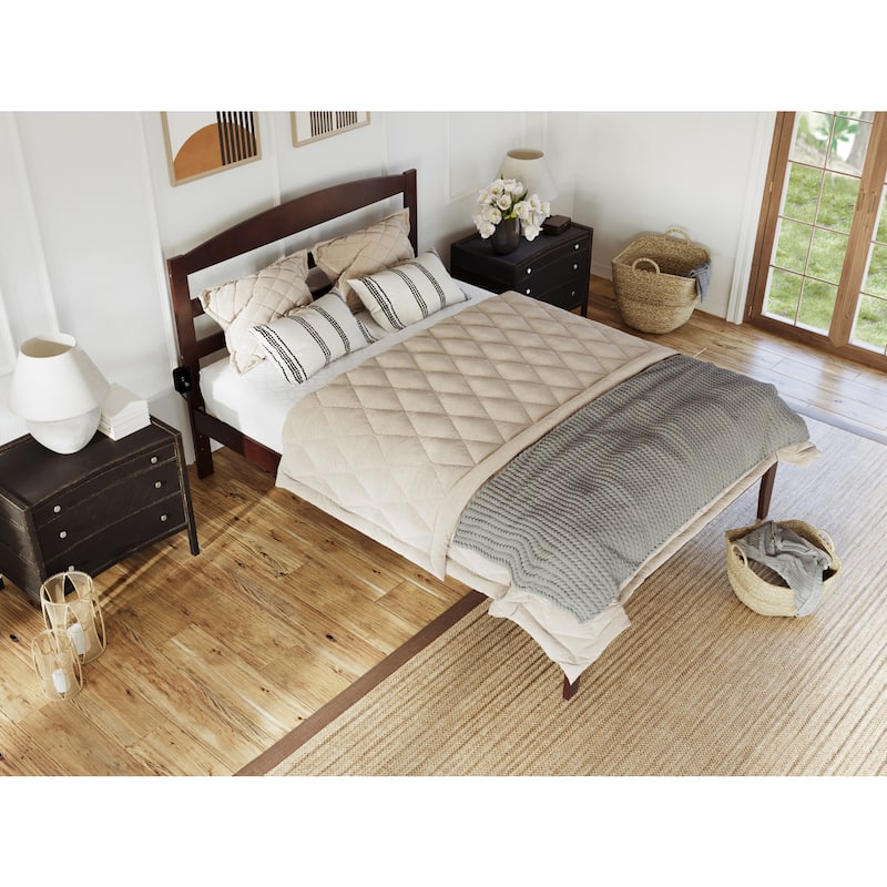 Queen Platform Bed - Victorian Style Bed Frame with Headboard & Slats - Walnut Finish