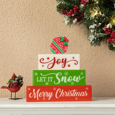 Glitzhome 9.5"L Christmas Wooden & Epoxy Resin Block Word Sign