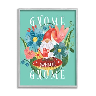 Stupell Gnome Sweet Gnome Phrase Spring Floral Mushroom Garden Framed Wall Art