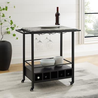 DISCO Faux Marble Serving Bar Cart with Dark Walnut Base