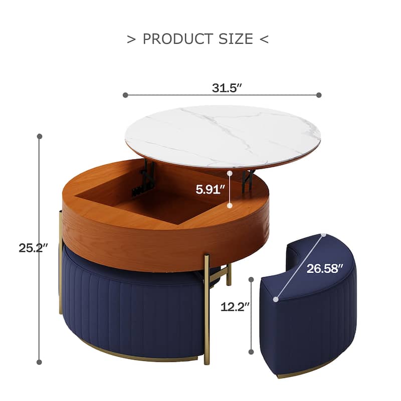 Lift Top Extendable Frame Coffee Table with Storage 3 Stools, Stainless Steel Legs - L 31.5'×W 31.5'×H 19.29'