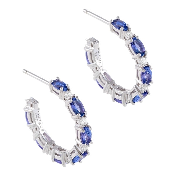 Oval-Cut Tanzanite Gemstone Hoop Earrings, Sterling Silver. Opens flyout.