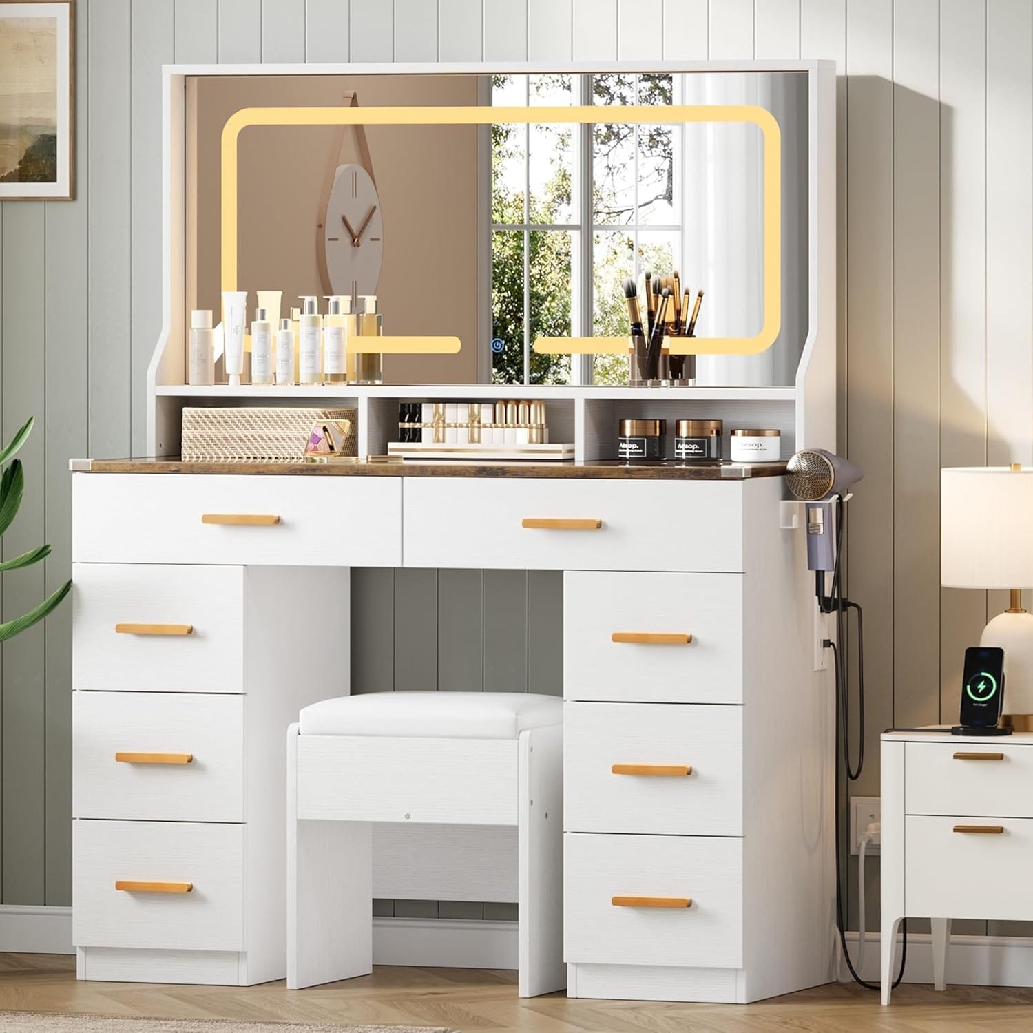 Vanity Desk with Mirror & Lights, Glass Top Makeup Table with 8 Drawers, Power Outlet, Stool