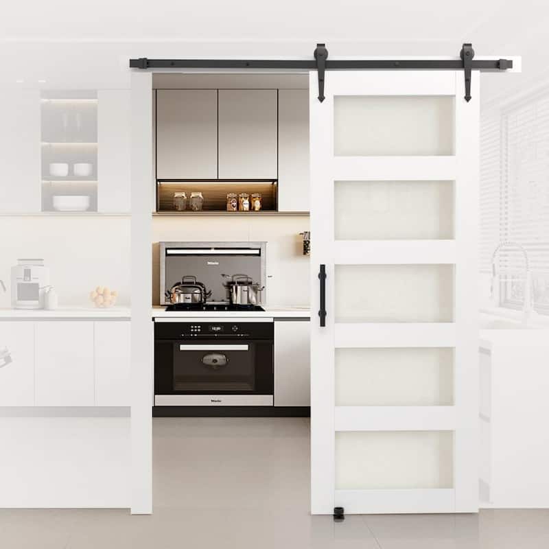 White MDF Sliding Barn Door with Frosted Glass for Bathroom and Kitchen